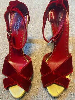 Yves Saint Laurent Red Velvet Crisscross Ankle-Strap Heels with Gold Footbed